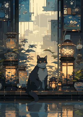 Anime Raining City Cat