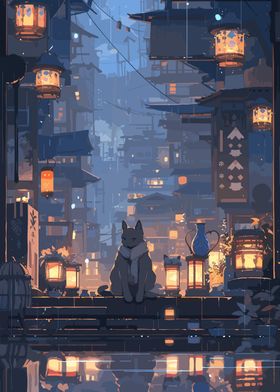 Anime Raining Night Cat