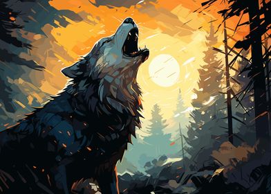 Sunset Wolf Howling