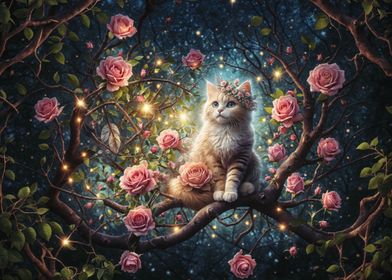 Ginger cat on roses tree