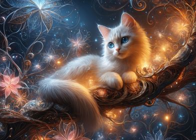 White cat on fairy tree
