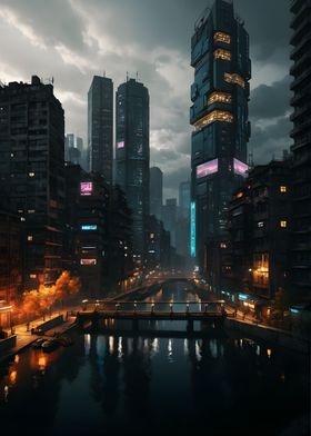 Cyberpunk city evening