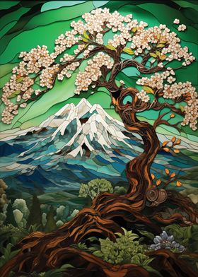 Mt fuji stained glass tree