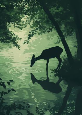 Deer Drinking by the Lake