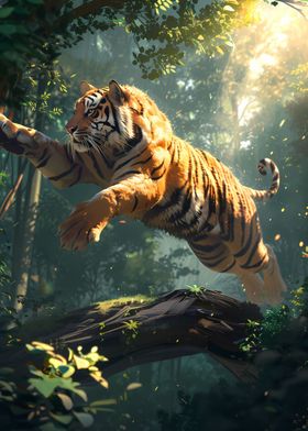 Tiger Jump Over Tree Trunk