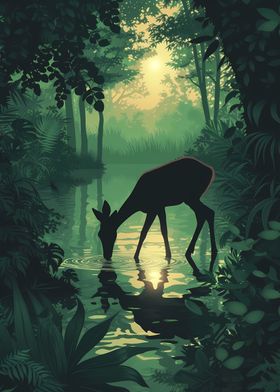 Deer Drinking in Forest