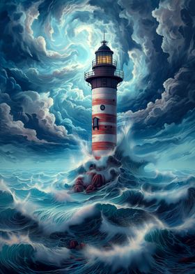 Lighthouse in stormy ocean