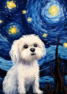 Maltese Dog Starry Night