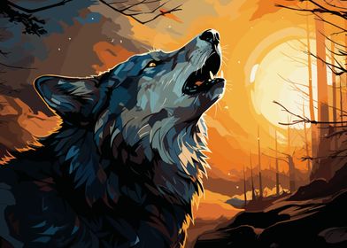 Wolf Howling Sunset Forest