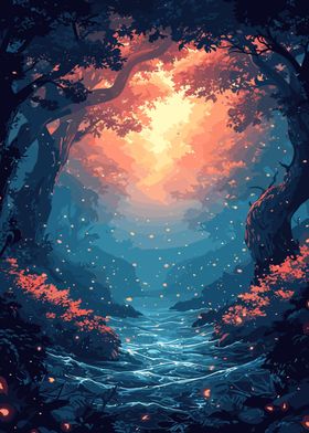 Anime Forest River Sunset