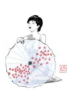 geisha behind umbrella