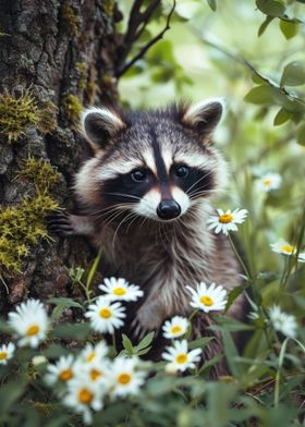 Cute Raccoon Picks Flowers