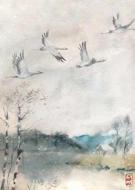 Storks Watercolor Zen Art