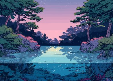 Retro Anime River Sunset