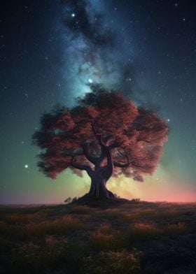 A Lone Tree Starry Sky