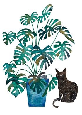 Cat with Monstera Plant