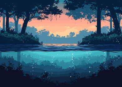 Retro Anime Sunset River