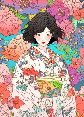 Kimono Girl with Flowers