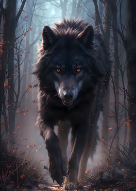 black wolf in the woods