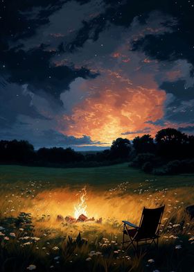 Campfire And Flower Field