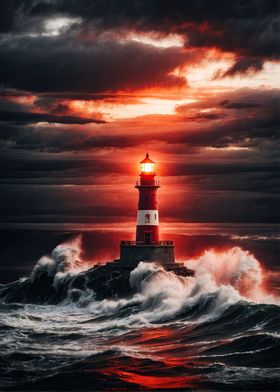 Lighthouse under red sky