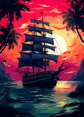 Pixel Art Lone Ship Sunset