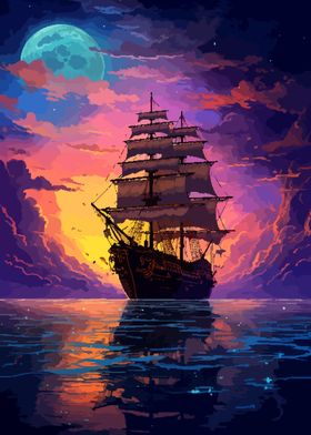 Sunset Sea Ship Pixel Art