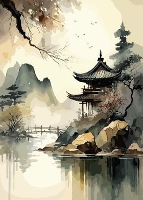 Asian House Watercolor Sky