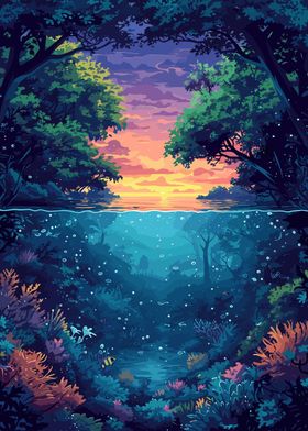 Anime Forest River Sunrise