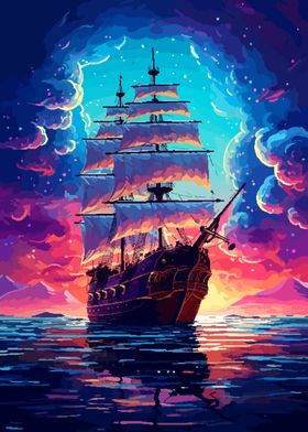 Surreal Ship Sea Pixel Art