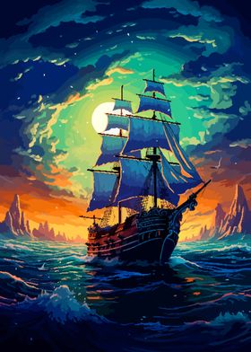 Sea Evening Ship Pixel Art