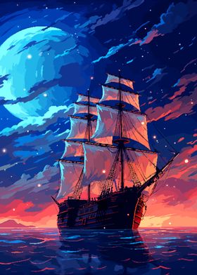 Ship Night Sky Retro Pixel