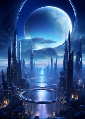 Futuristic City Moon Night