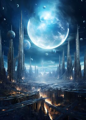 Futuristic Blue Moon Night