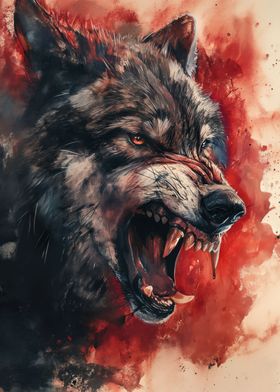 savage black wolf painting