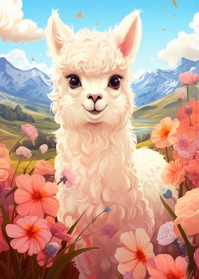 Alpaca On A Flower Field