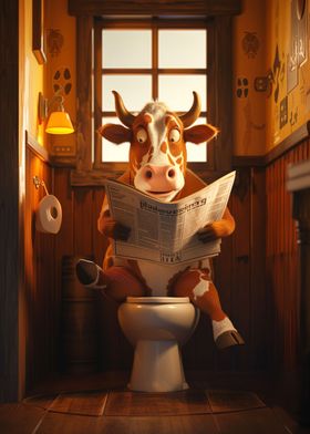 Funny Cow siting on Toilet