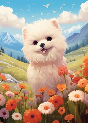 Pomeranian Dog in Flowers