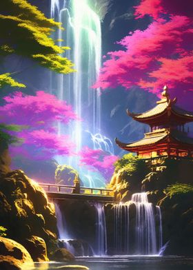 Neon Waterfall Temple