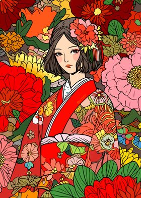 Japan Kimono Girl Flowers