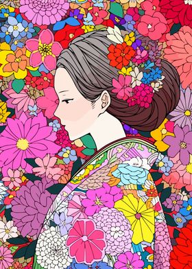 Japan Woman Kimono Flowers