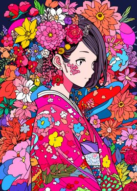 Anime Kimono Girl Flower