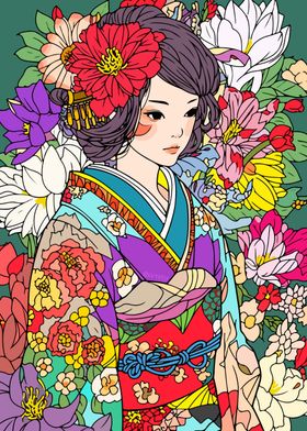 Zen Kimono Flower Girl Art