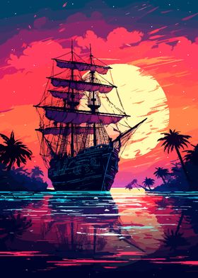 Sunset Ship Synth Pixel