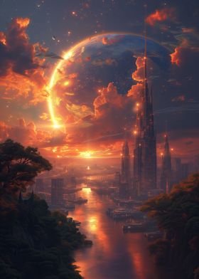 Fantasy Moon Sky Cityscape