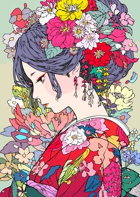 Kimono Flowers Girl Art