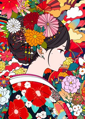 Japan Girl Flowers Manga