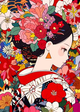 Anime Girl Kimono Flowers