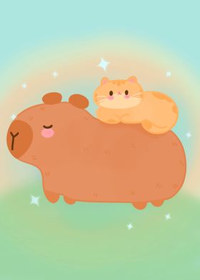 Funny capybara with cat