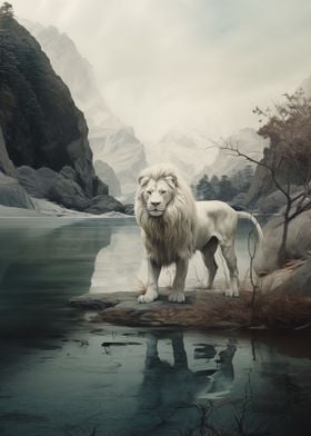 Albino lion in mountains